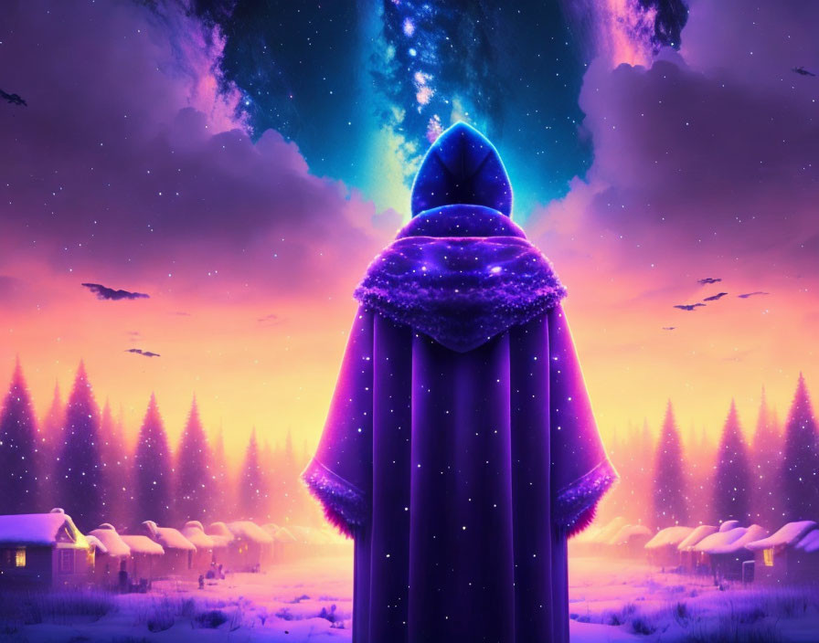 Cloaked Figure Stands Before Vibrant Aurora Over Snowy Village