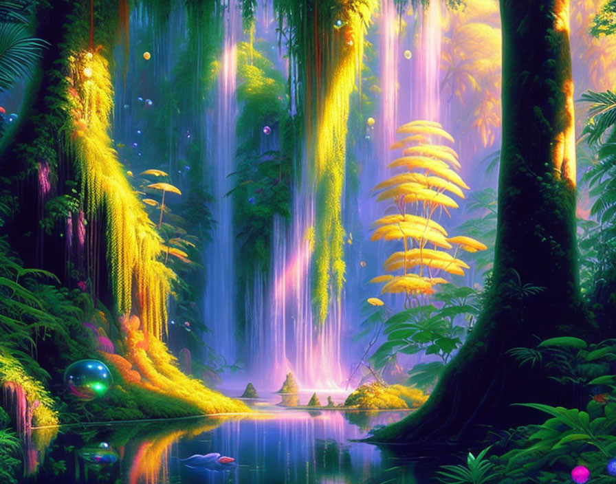 Luminescent fantasy forest with glowing orbs and serene river