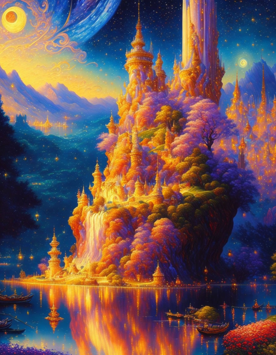 Colorful painting of floating island with golden castles, lush trees, waterfalls, under starry