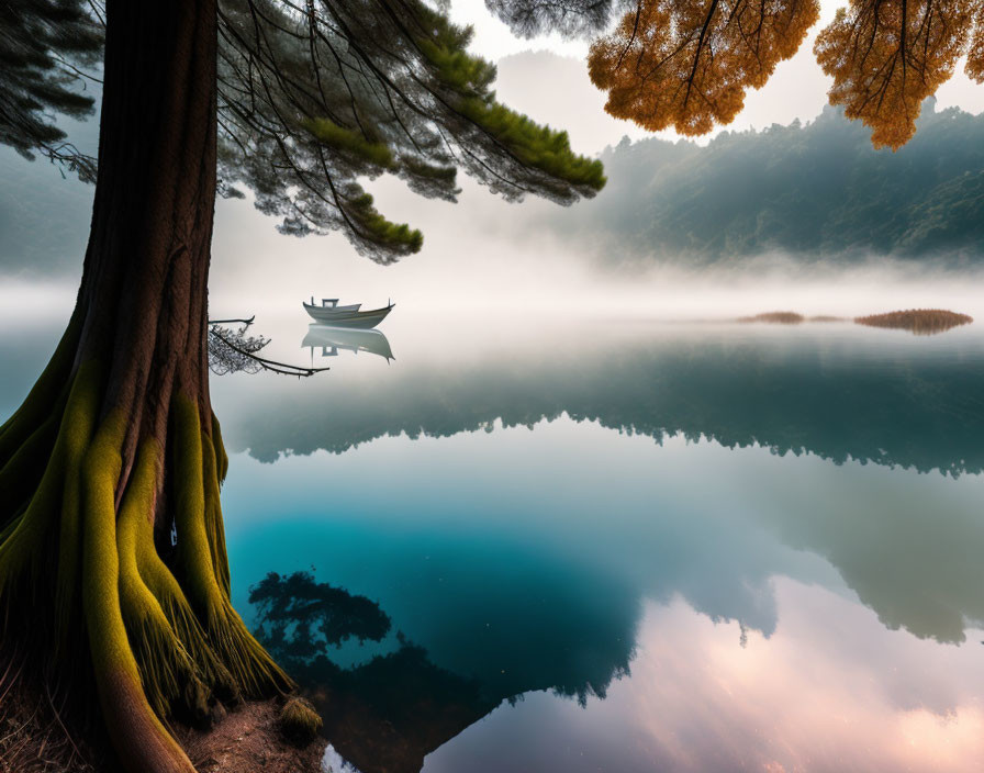 Tranquil misty lake scene with boat, fog, moss-covered trees