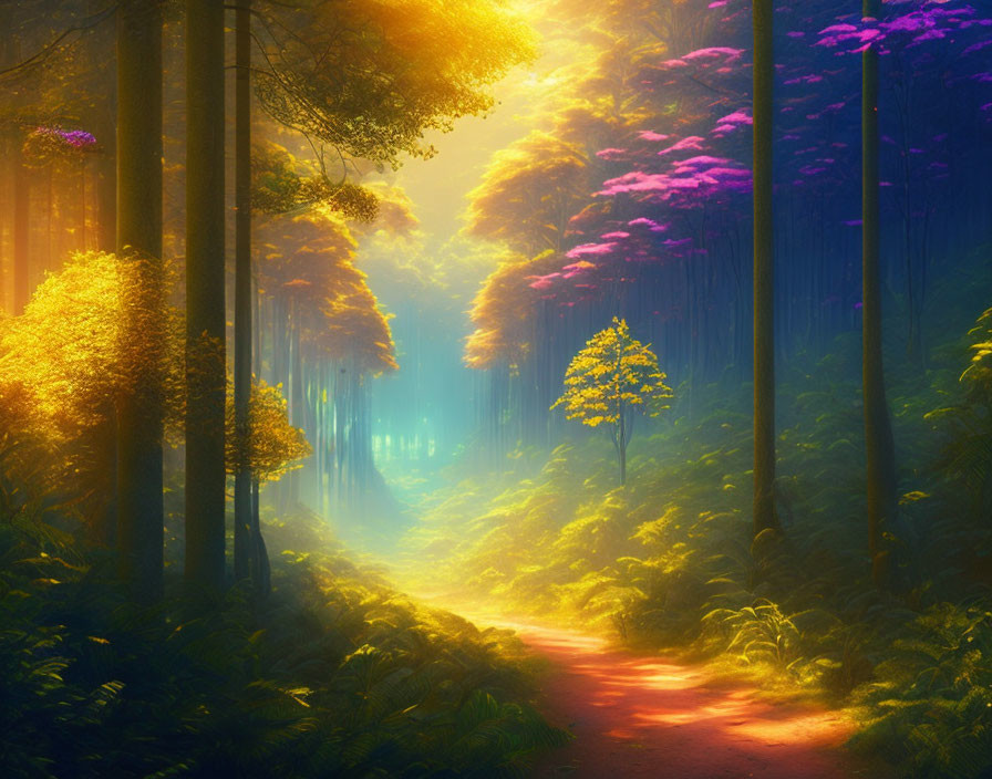 Vibrant forest path with sunlight rays and colorful foliage