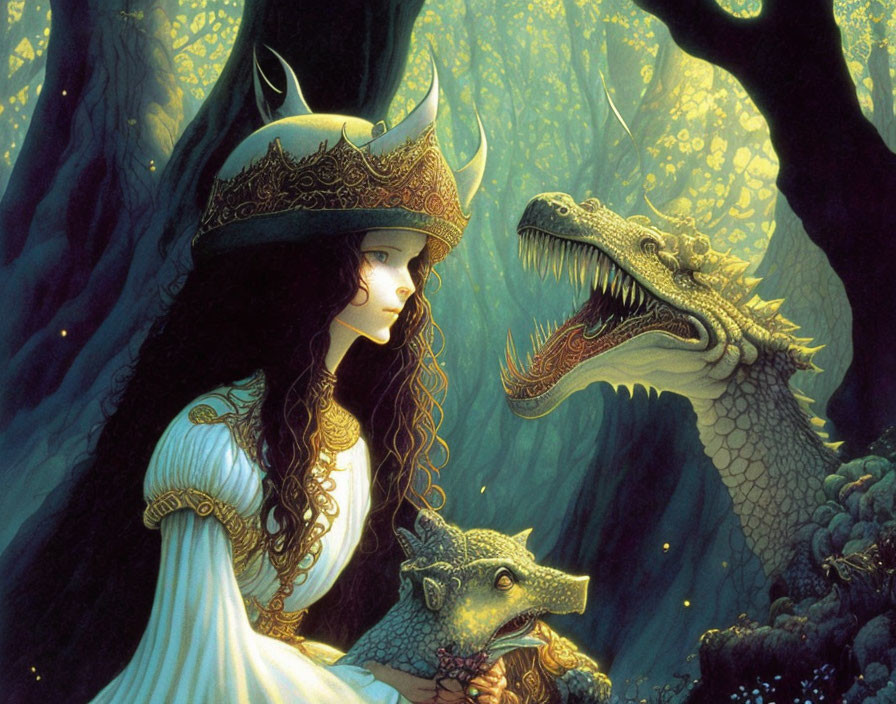 Medieval woman in horned helmet meets dragon in enchanted forest