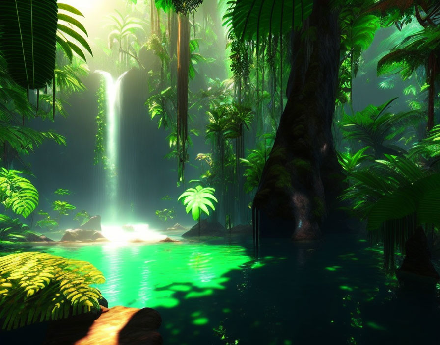 Lush green jungle with waterfall and tranquil pond