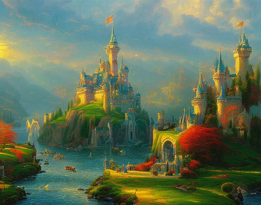 Fantasy castle painting on lush island with boats under golden sunlight