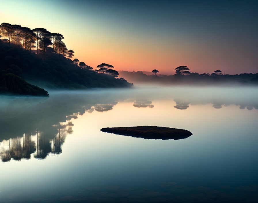 Tranquil lakeside view at dusk with mirrored trees and orange-blue sky