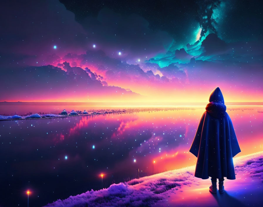 Person in Blue Cloak in Front of Vibrant Sunset and Northern Lights