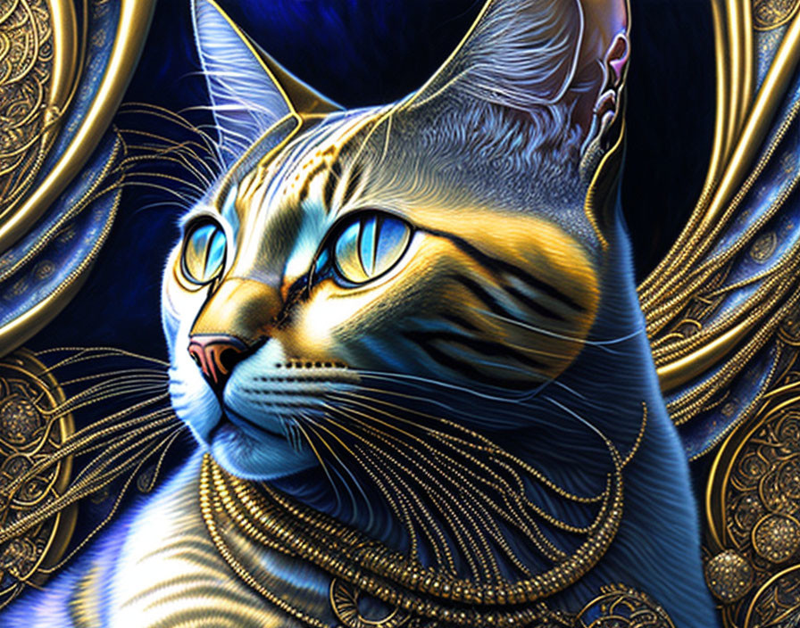 Colorful digital artwork: Cat with blue eyes and gold jewelry on dark background