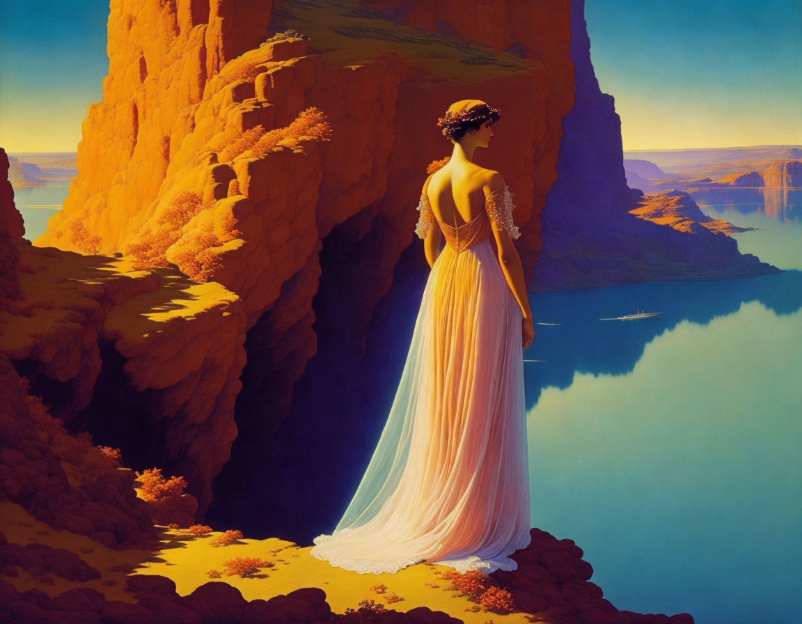 Woman in flowing dress gazes at canyon and boats from cliff edge