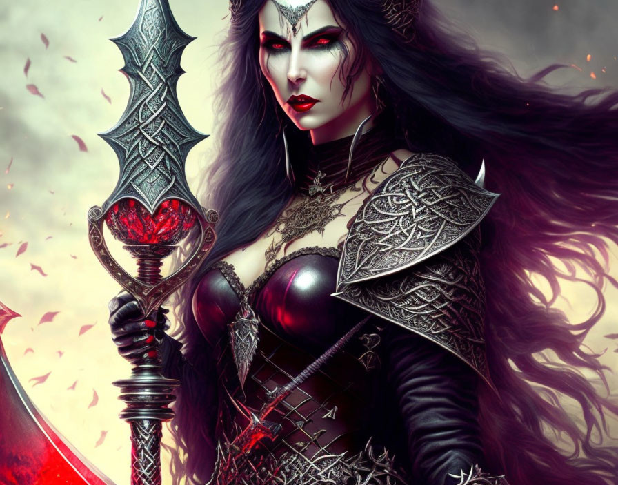 Pale-skinned female warrior in black armor wields gem sword against red sky