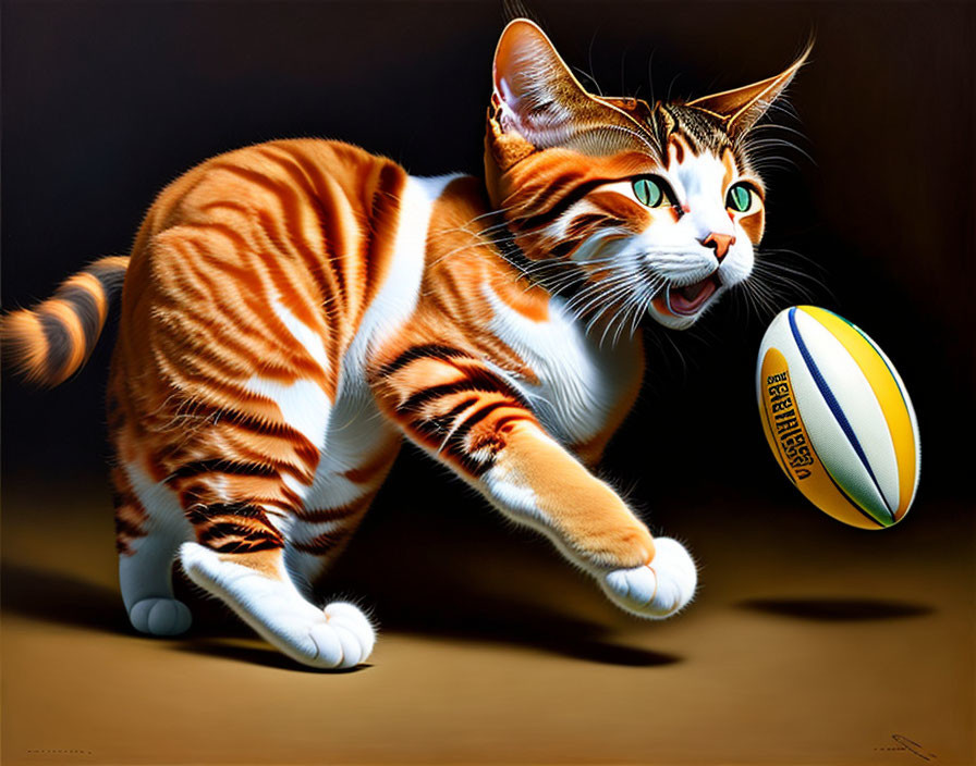 Striped Cat Illustration with Green Eyes Playing with Striped Ball