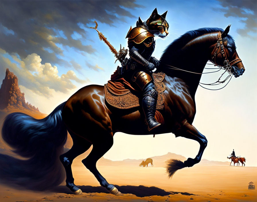 Cat-headed knight in armor rides horse in desert scene