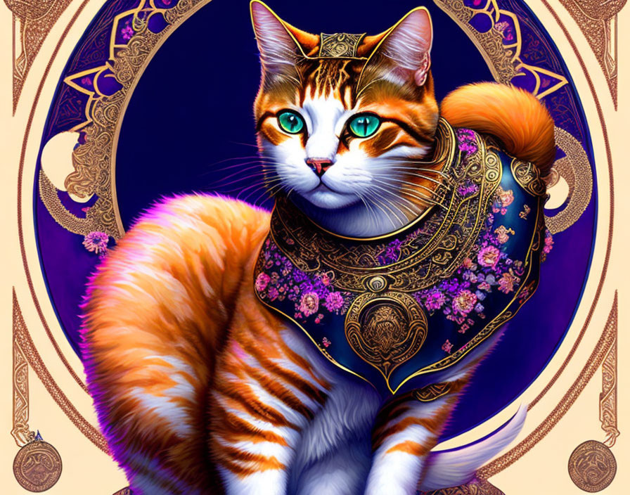 Colorful illustration: Orange and white cat in golden armor on purple background