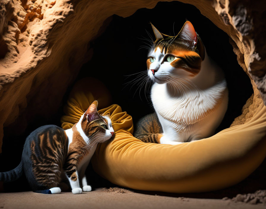 Two cats in a cozy cave-like bed, one sitting up and alert, the other lying down,