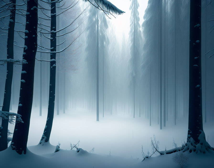 Snow-covered Winter Forest with Bare Trees in Misty Atmosphere