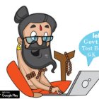 Bearded person in headset speaking into microphone with laptop and whimsical blue character on white background.