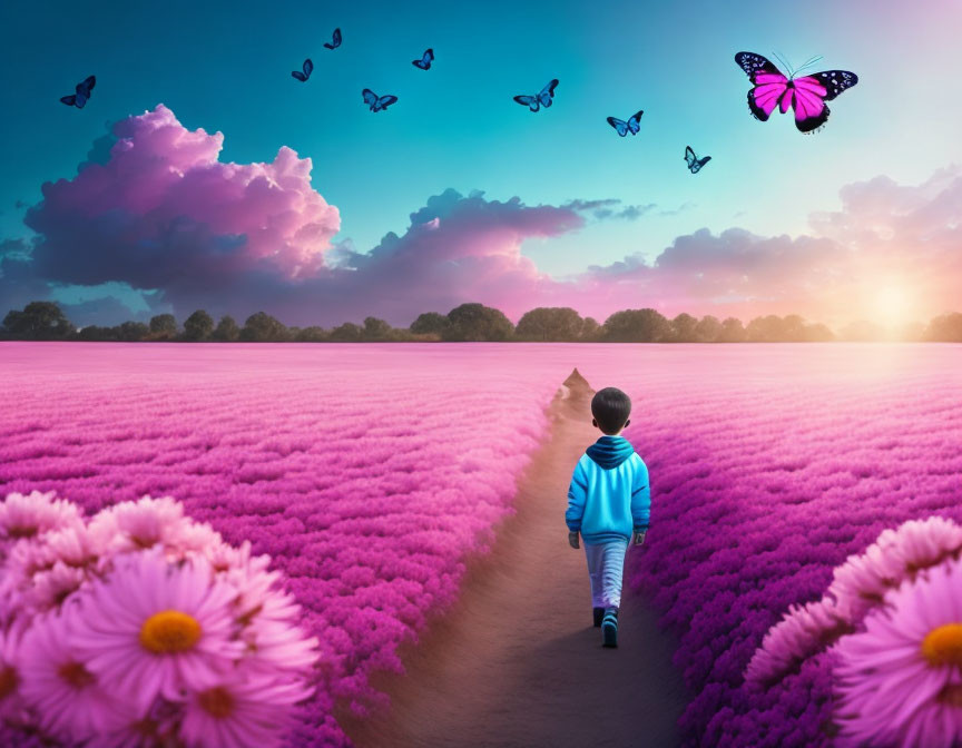 Child strolling in purple flower field at sunset