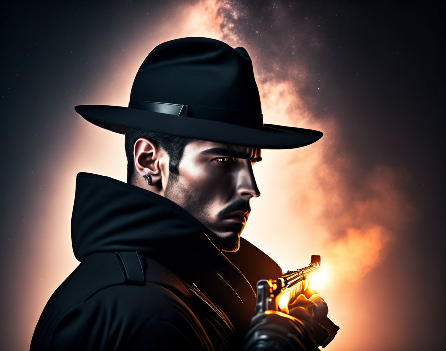 Mysterious figure in wide-brimmed hat with glowing gun in dark orange setting