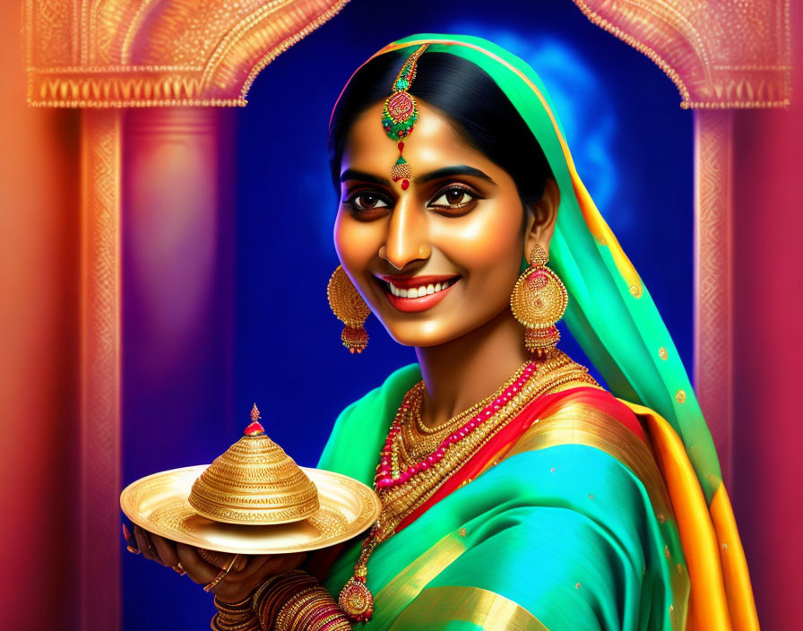 Traditional Indian Attire Woman Holding Gold Plate with Conical Object