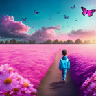 Child strolling in purple flower field at sunset