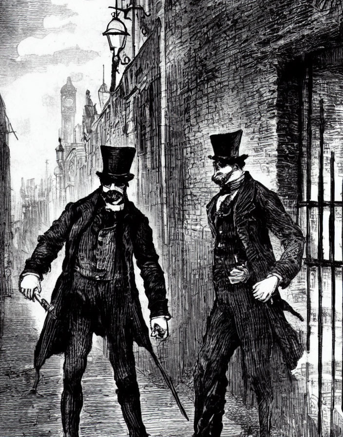 Victorian men in top hats walking in dimly lit alleyway