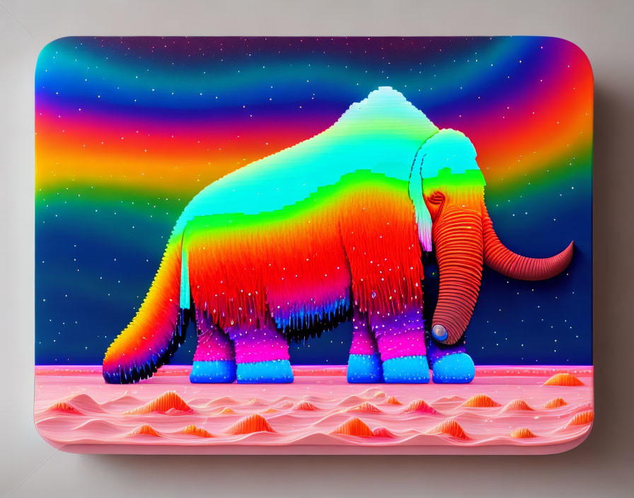 Colorful woolly mammoth digital art in rounded frame