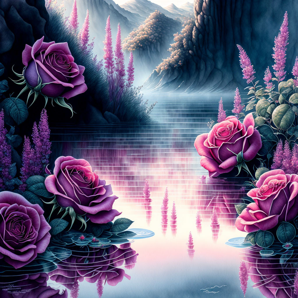 Large purple roses by misty lake with mountain backdrop & lush greenery