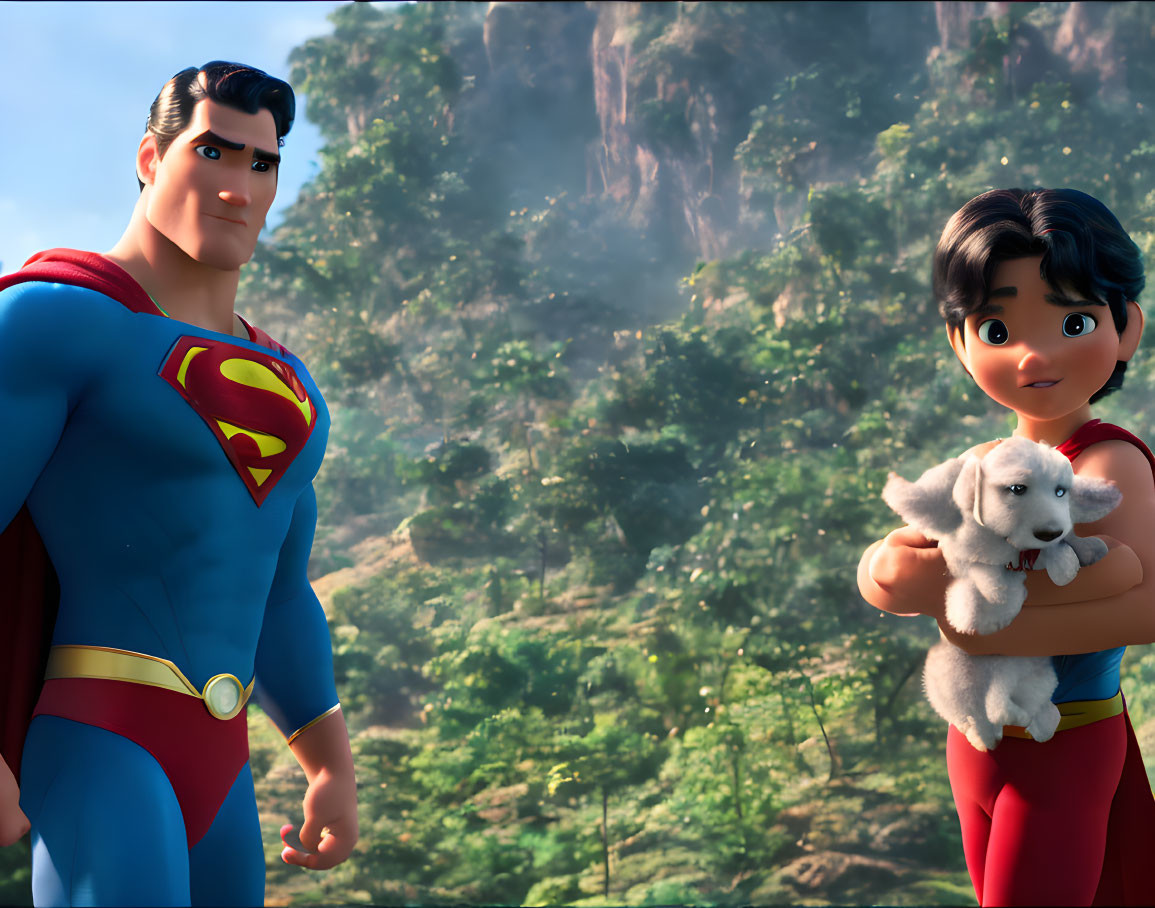 Superman with child and puppy in lush forest