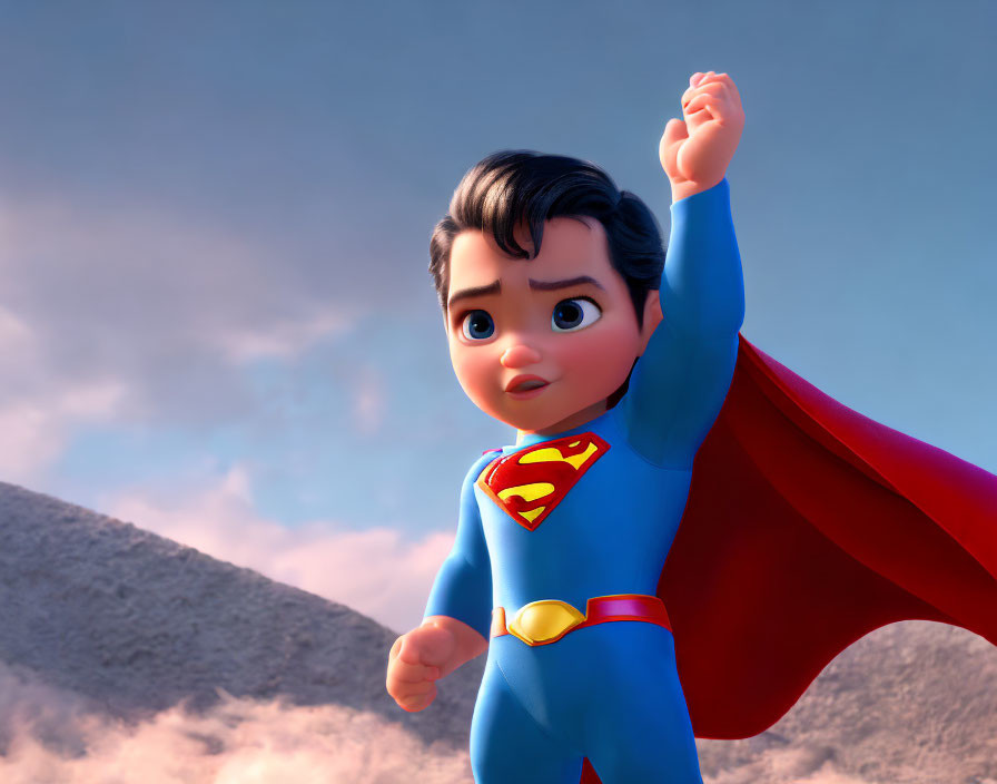 Young Superman 3D animation: Flying with raised fist in cloudy sky & rocky terrain