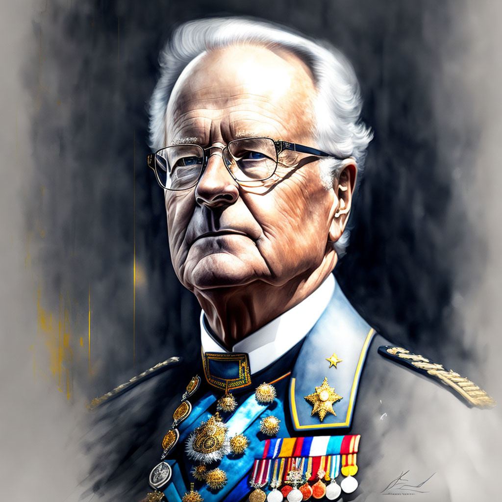 Elderly Military Officer in Uniform with Medals and Glasses on Gray Background