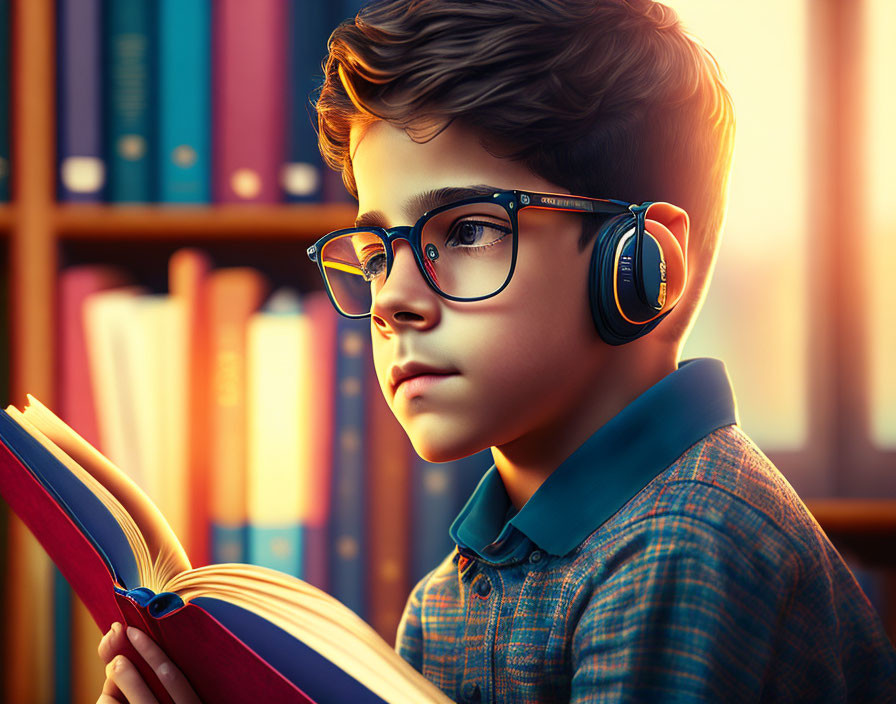 Boy with Glasses Reading Book in Library with Headphones