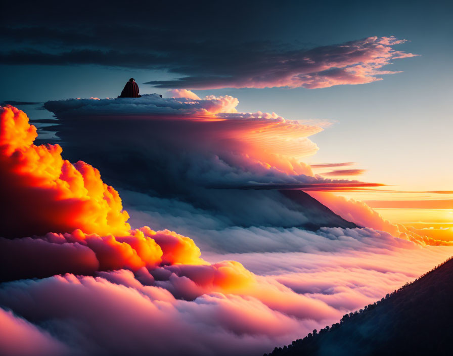 Person overlooking vibrant sunset above sea of clouds.