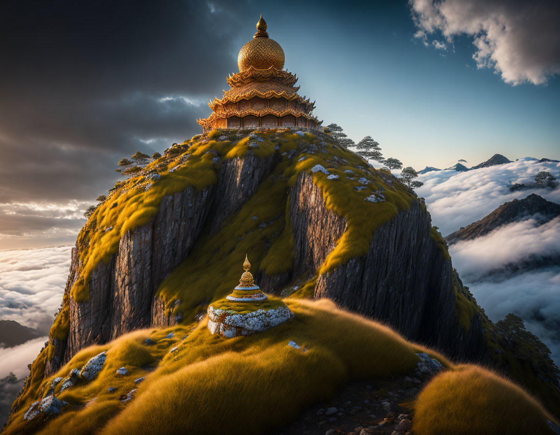 Golden Pagoda on Misty Mountain Peak with Clouds