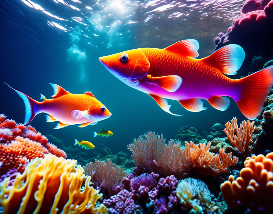 Orange Fish Swimming Above Coral Reefs in Clear Blue Ocean