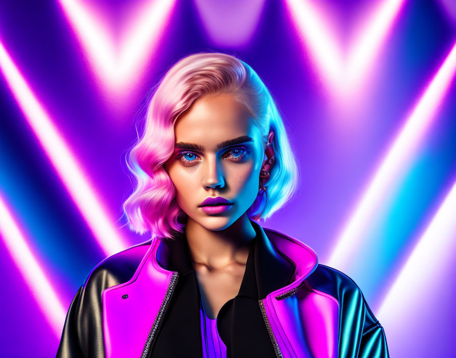 Blonde woman in leather jacket on neon background