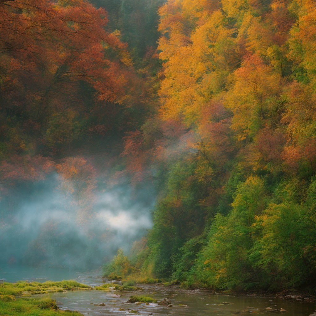 Misty River with Colorful Autumn Trees