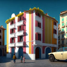 Vibrant European Buildings, Child on Pavement, Vintage Cars in Street