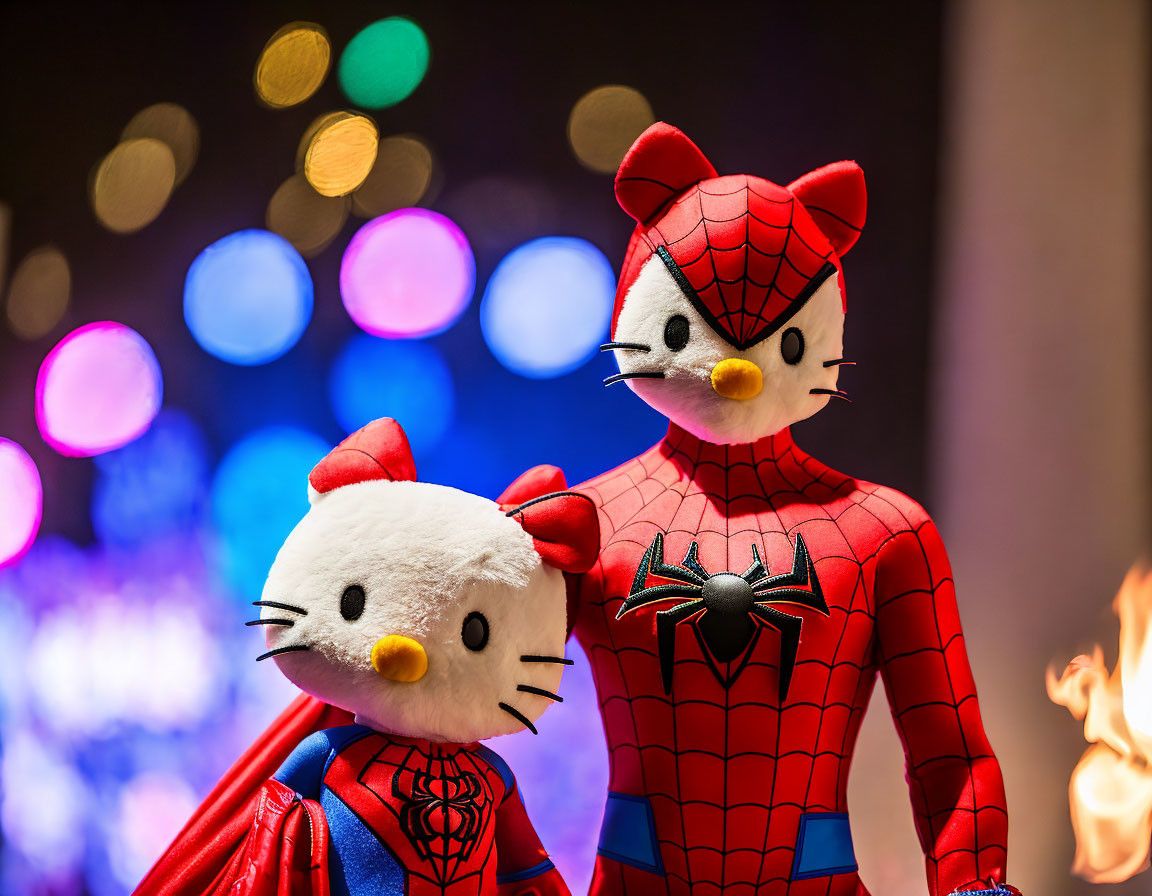Superhero-themed plush toys with colorful bokeh lights