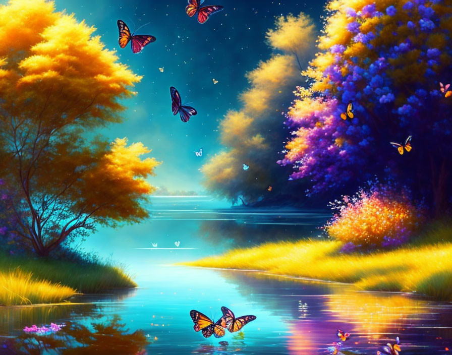 Colorful fantasy landscape with vibrant trees, serene river, sparkling lights, and butterflies