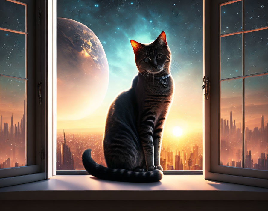 Black cat with striking eyes on windowsill overlooking futuristic cityscape at sunset