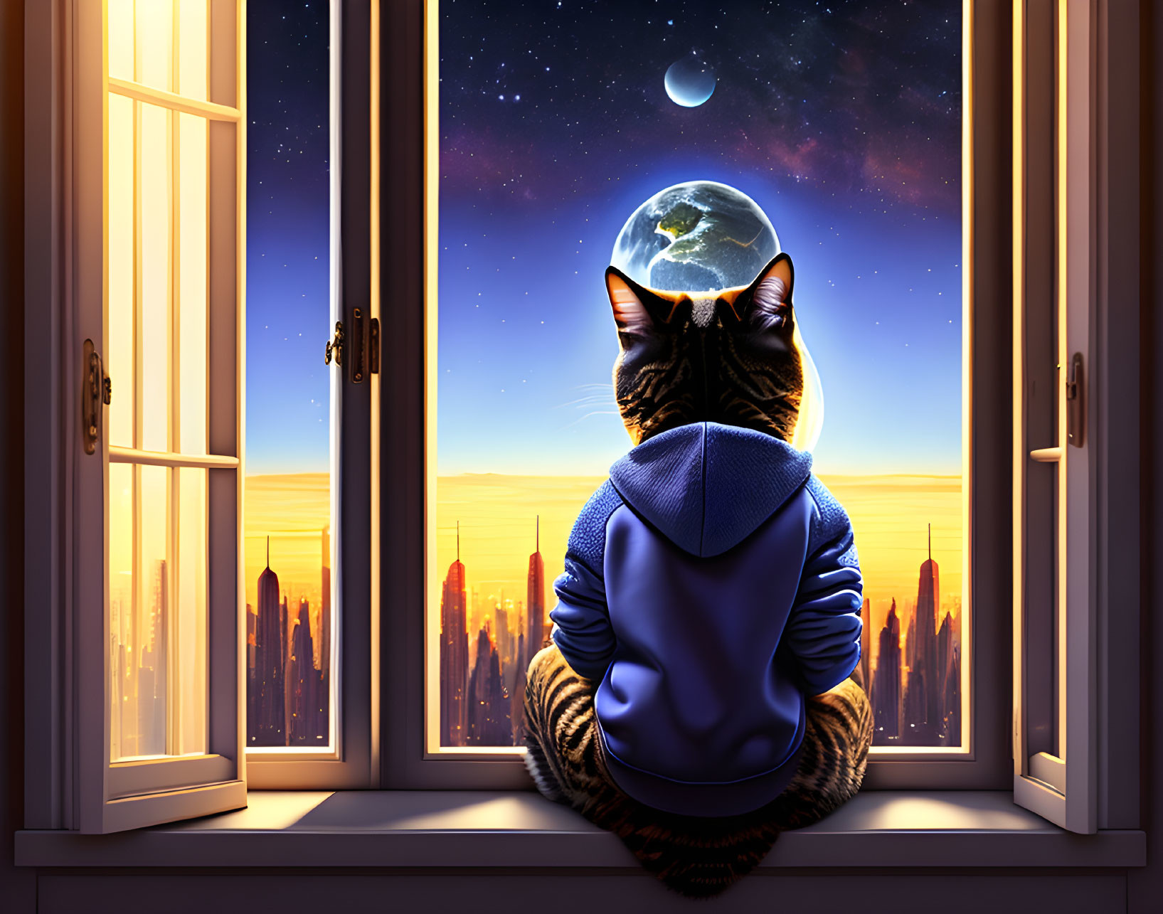 Cat in Hoodie Observes City Skyline Night Scene