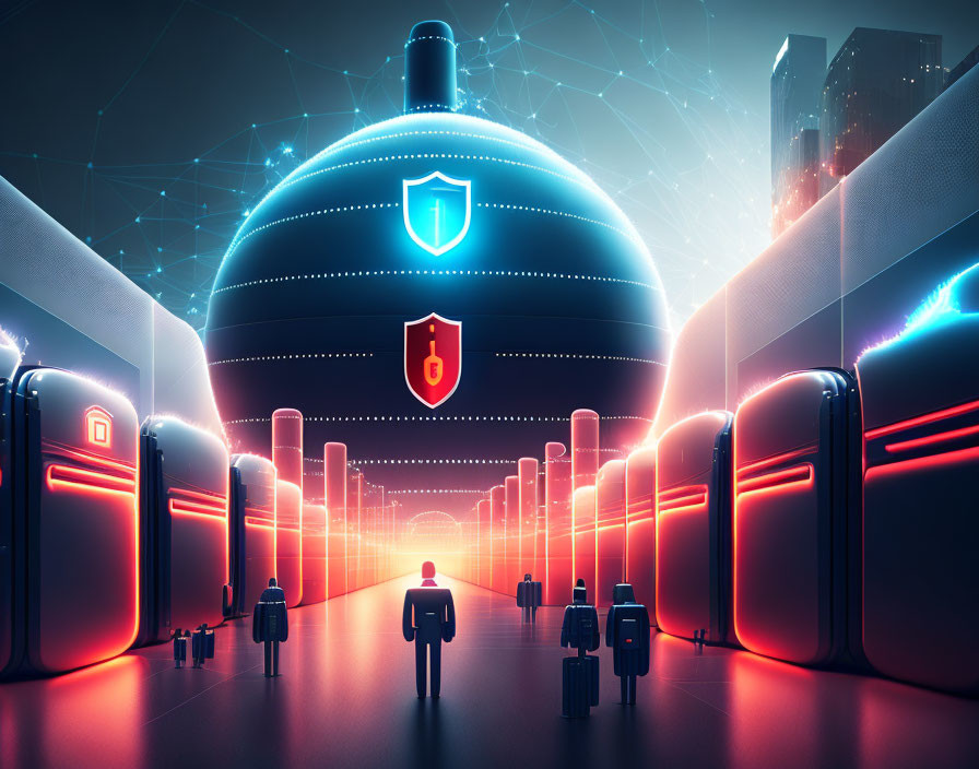 Futuristic cityscape with large dome and shield emblems amid neon lights.