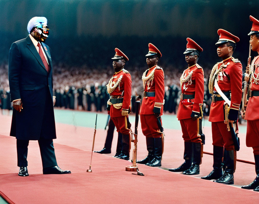 Colorful Wig and Sunglasses Person Surrounded by Uniformed Guards on Red Carpet