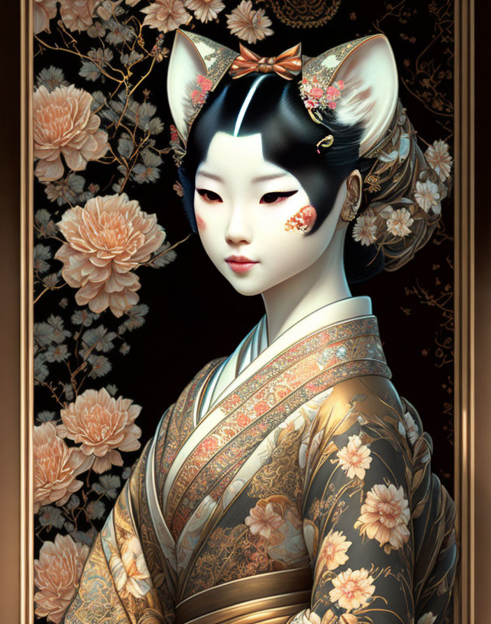 Fox-like woman in traditional attire with bow, surrounded by blooming flowers