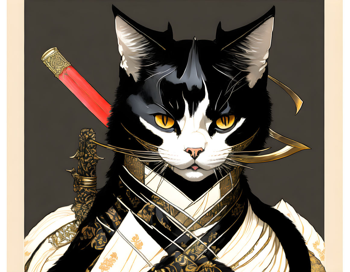 Anthropomorphic cat in samurai armor with katana sword