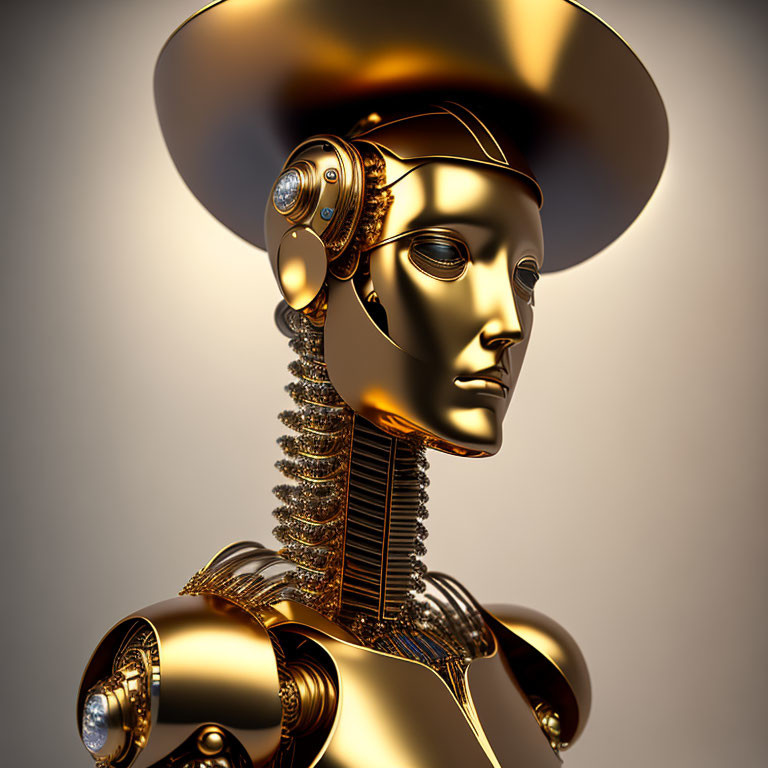 Golden futuristic robot with human-like face and mechanical details wearing wide-brimmed hat on neutral background