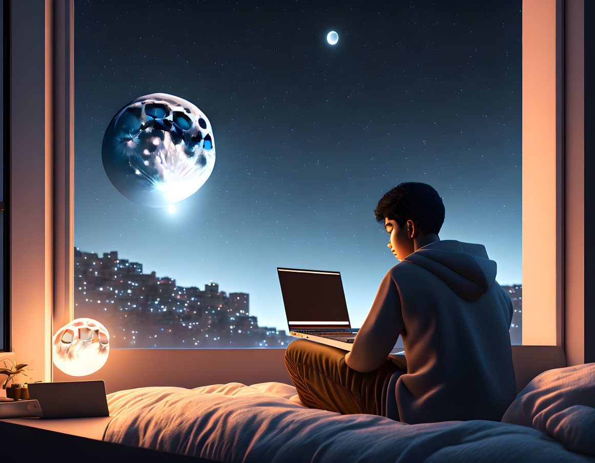 Person on bed at night with laptop, looking at fantastical moon