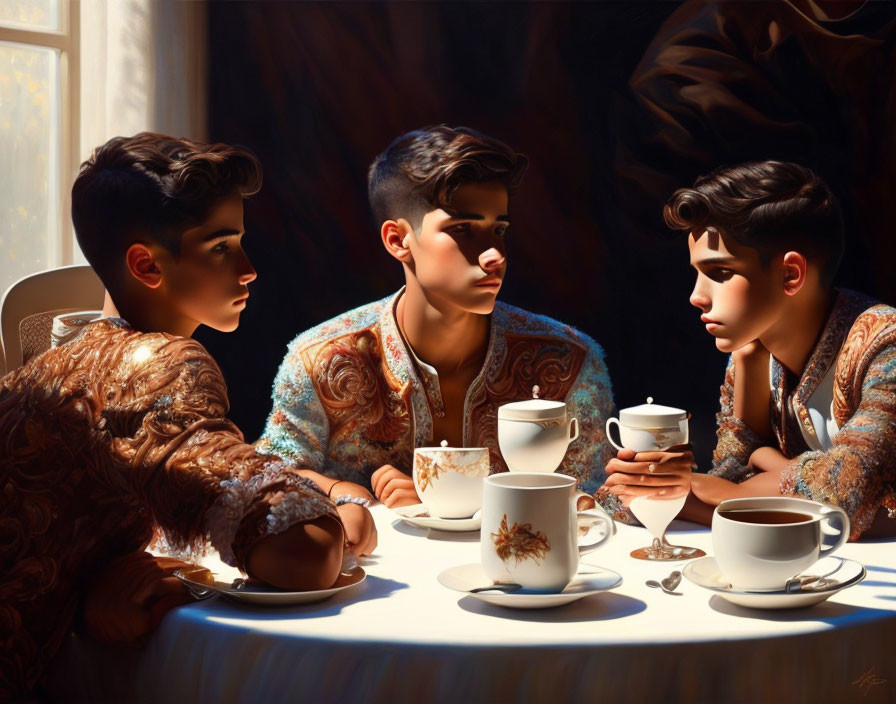 Three people in patterned outfits at a table with coffee cups under sunlight