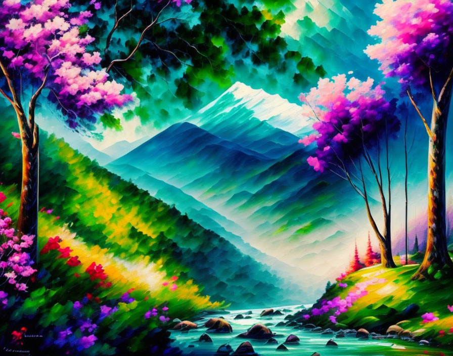 Colorful Mountain Landscape Painting with River