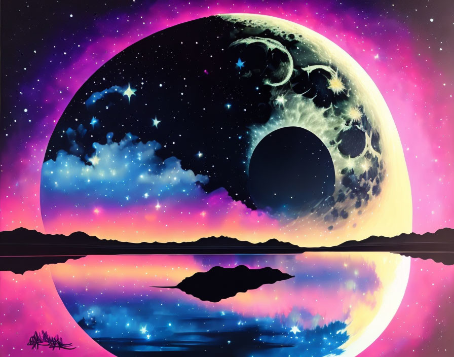 Colorful Cosmic Scene: Large Moon, Reflective Water, Starry Sky