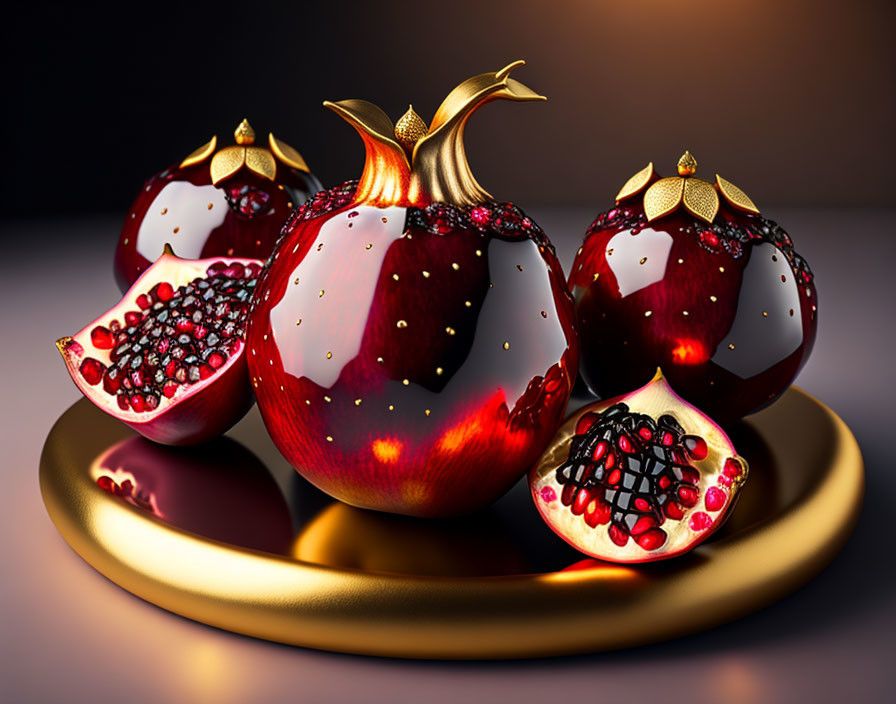 Luxurious digital artwork of ornate sliced pomegranates on golden plate